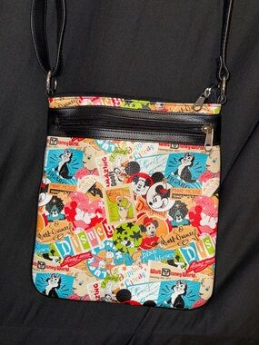 Disney Multi-Color Character Patchwork Crossbody Bag with Black Trim
